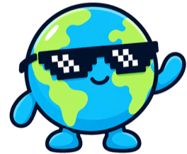A globe wearing pixel sunglasses waves hello