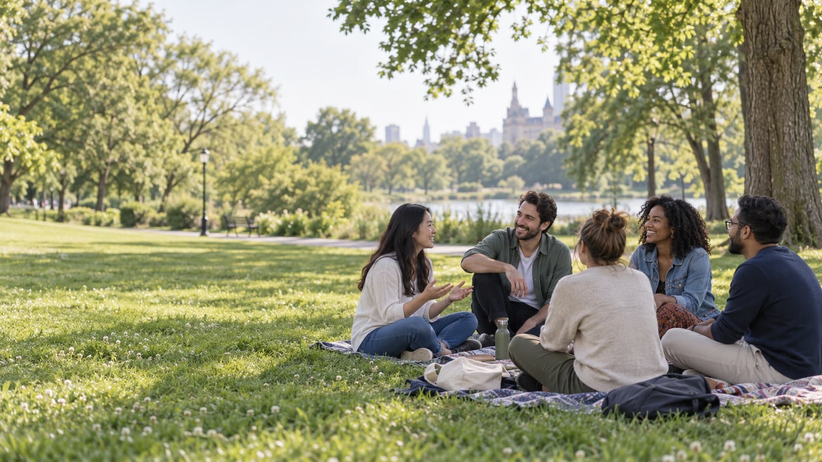Five adults chatting together on blankets in a calm public park